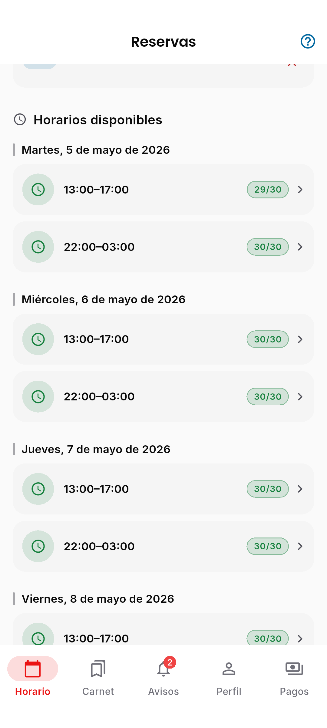 Pantalla Horario después de scrollear hacia abajo, mostrando más días con sus tramos disponibles y cupos.
