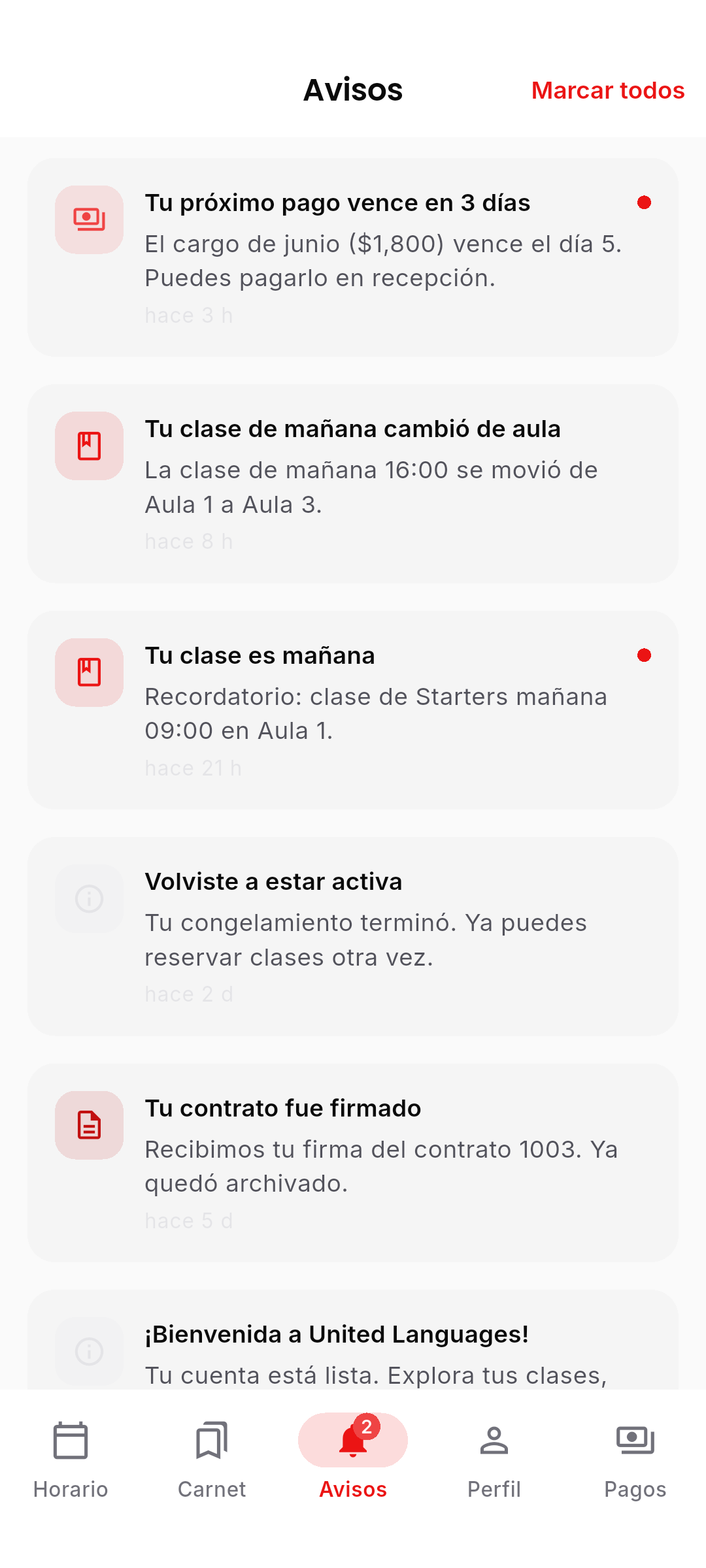 Pantalla 'Avisos' con acción 'Marcar todos' arriba a la derecha. Lista de tarjetas de aviso: 'Tu próximo pago vence en 3 días' (con punto rojo de no leído), 'Tu clase de mañana cambió de aula', 'Tu clase es mañana' (no leído), 'Volviste a estar activa', 'Tu contrato fue firmado', '¡Bienvenida a United Languages!'.