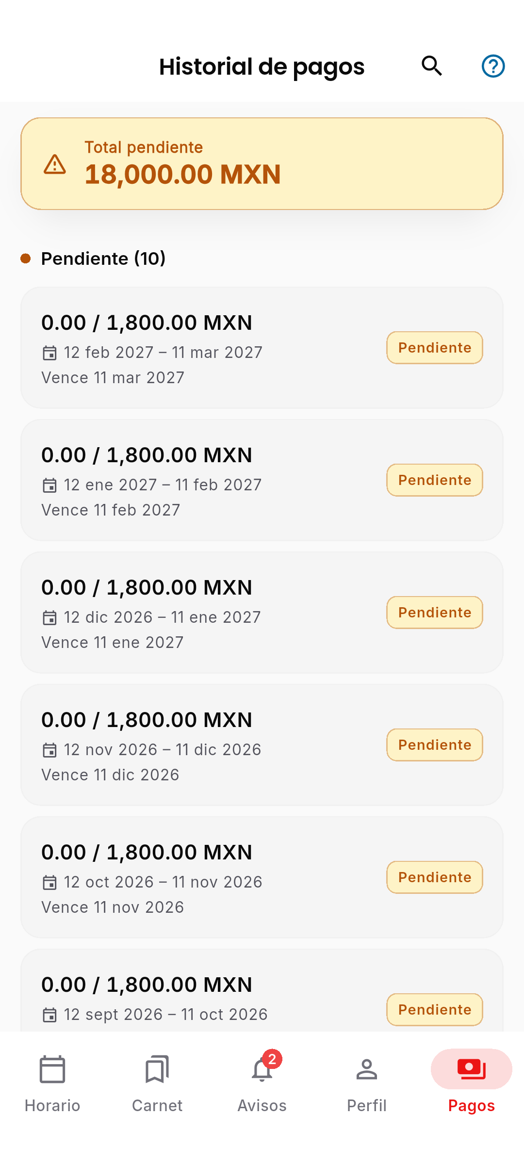Pantalla 'Historial de pagos'. Banner amarillo arriba 'Total pendiente 19,800.00 MXN'. Sección 'Vencido (1)' con un cargo (0.00 / 1,800.00 MXN, 12 abr 2026 – 3 may 2026, 'Vencido hace 2 días', etiqueta roja 'Vencido'). Sección 'Pendiente (10)' con cargos futuros mensuales etiquetados 'Pendiente'.