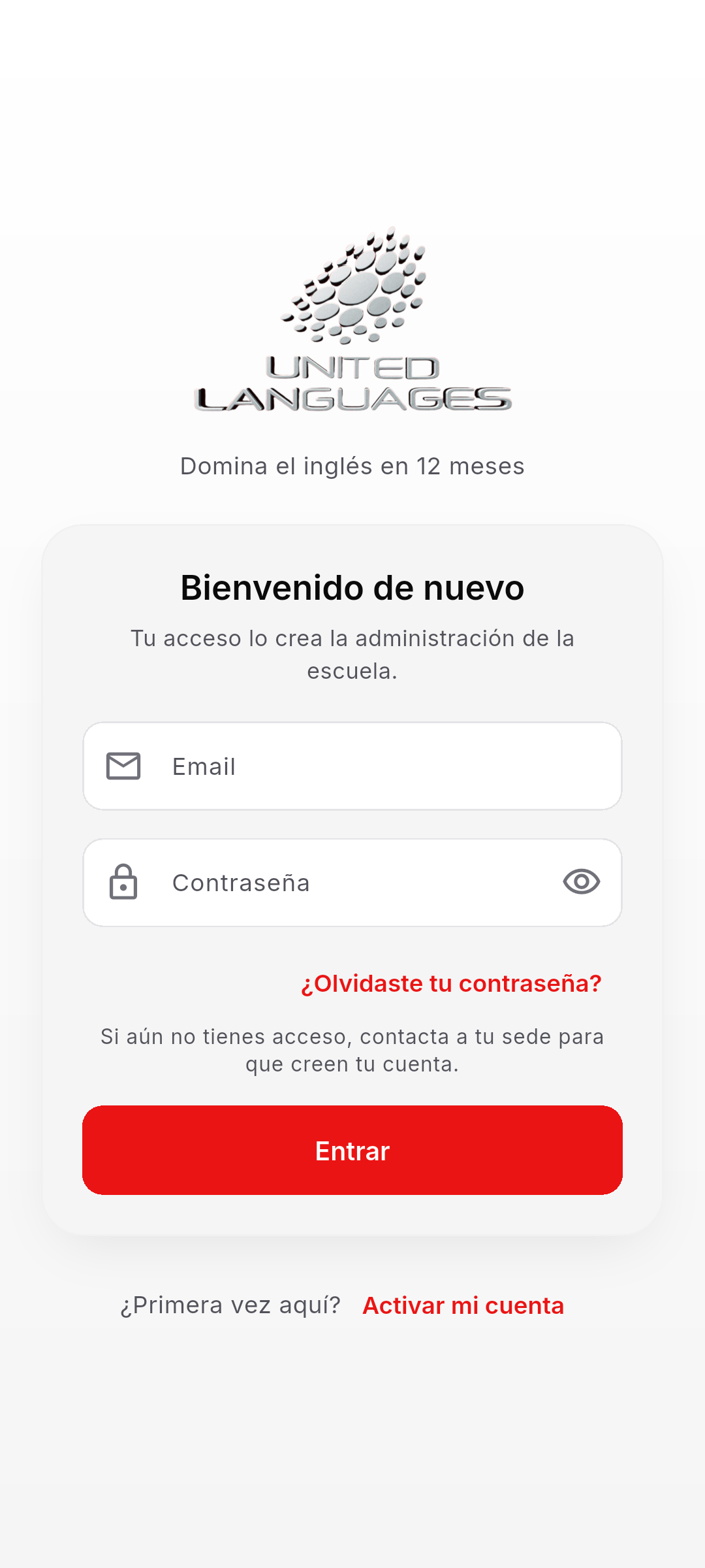 Pantalla 'Activa tu cuenta' con logo United Languages arriba, instrucción para escribir el código que recepción te entregó, campo de captura con icono de llave y placeholder, botón rojo 'Continuar', y enlace 'Volver a iniciar sesión' al fondo.